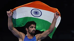 | Photo: EPA-EFE/VASSIL DONEV VIA PTI : Men's 57kg free-style wrestling: Aman Sehrawat of India celebrates defeating Darian Toi Cruz of Puerto Rico